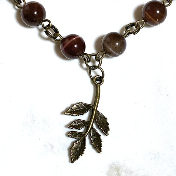 Cute Purple Cat's Eye Bronze Leaf Branch Pendant Adjustable Choker - Picture 6 of 14